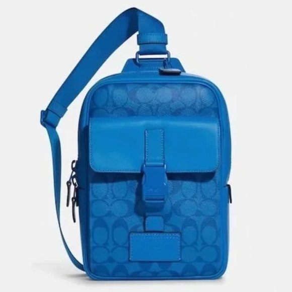 🥰 COACH Track Pack In Signature Canvas Gunmetal/Bright Blue - Picture 3 of 12